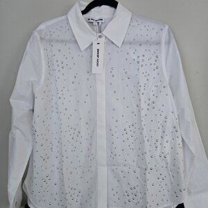 🤍 DKNY White Long-Sleeve Shirt with Silver Metallic Accents – Brand New!